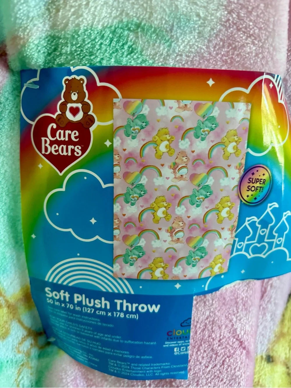 Care Bears Pink Plush Throw Blanket with Rainbows and Yellow Bear